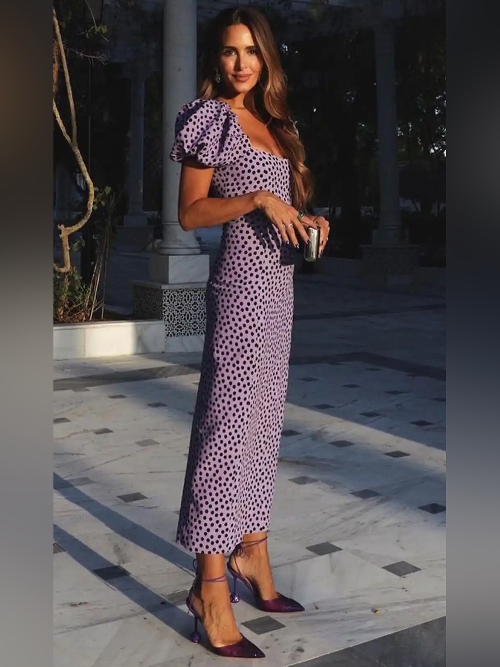 Zara Polka Dot Puff Sleeve Midi Dress in Purple Size S